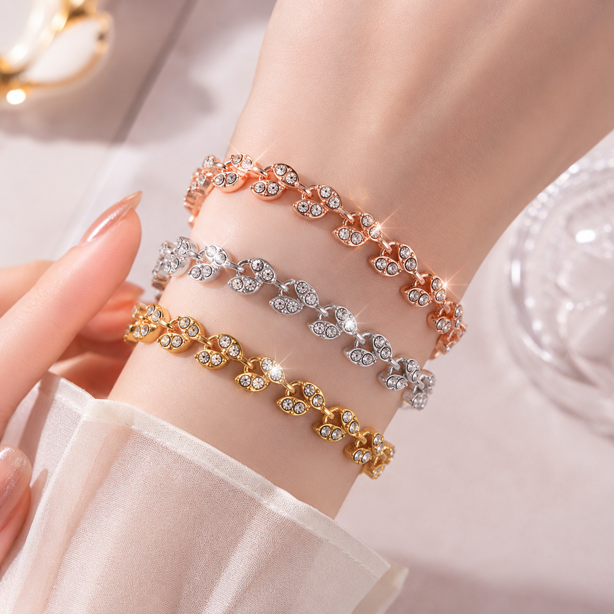 2 Pack Gold and Rose Gold Women's Crystal Leaf Bracelets with Gift Box â€“ Elegant Rhinestone Alloy Link Bracelet, Minimalist Fashion Jewelry Gift for Women