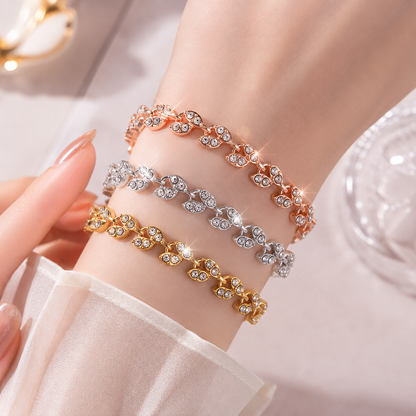 2 Pack Gold and Rose Gold Women's Crystal Leaf Bracelets with Gift Box â€“ Elegant Rhinestone Alloy Link Bracelet, Minimalist Fashion Jewelry Gift for Women
