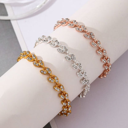 3 Pack Silver Gold and Rose Gold Women's Crystal Leaf Bracelets with Gift Box â€“ Elegant Rhinestone Alloy Link Bracelet, Minimalist Fashion Jewelry Gift for Women