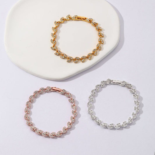 3 Pack Silver Gold and Rose Gold Women's Crystal Leaf Bracelets with Gift Box â€“ Elegant Rhinestone Alloy Link Bracelet, Minimalist Fashion Jewelry Gift for Women