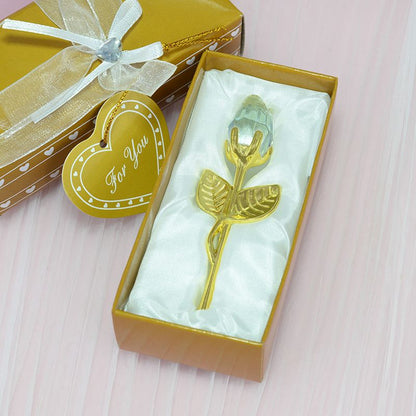 2 Set of White Crystal Rose Flower with Gold Gift Box and Gold Plated Stem Leaf â€“ Elegant Crystal & Metal Rose Ornament | Wedding Party Gift, Valentine's Day & Anniversary Keepsake