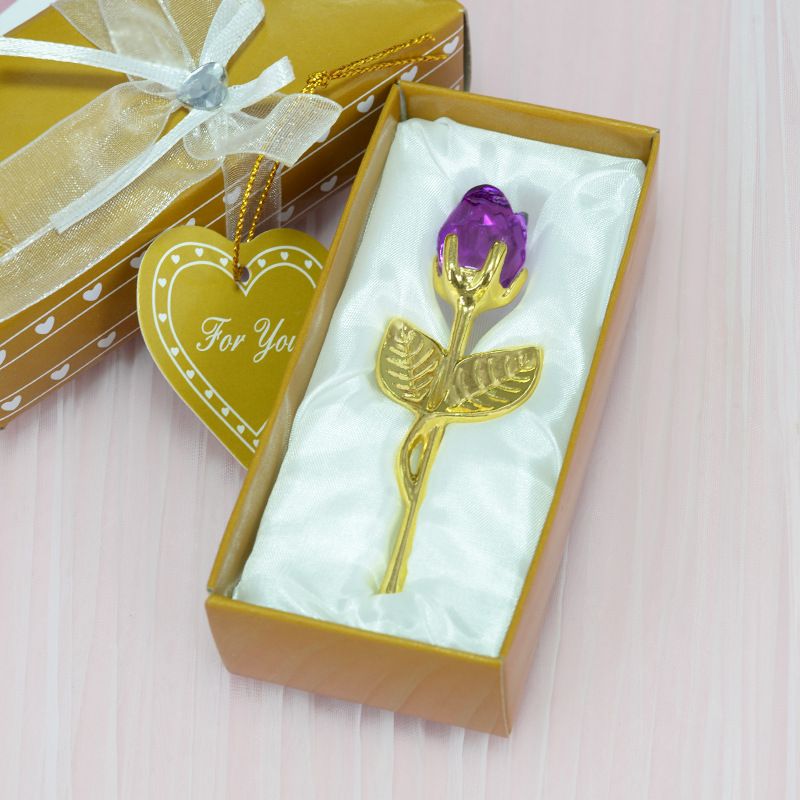 2 Set of Purple Crystal Rose Flower with Gold Gift Box and Gold Plated Stem Leaf â€“ Elegant Crystal & Metal Rose Ornament | Wedding Party Gift, Valentine's Day & Anniversary Keepsake