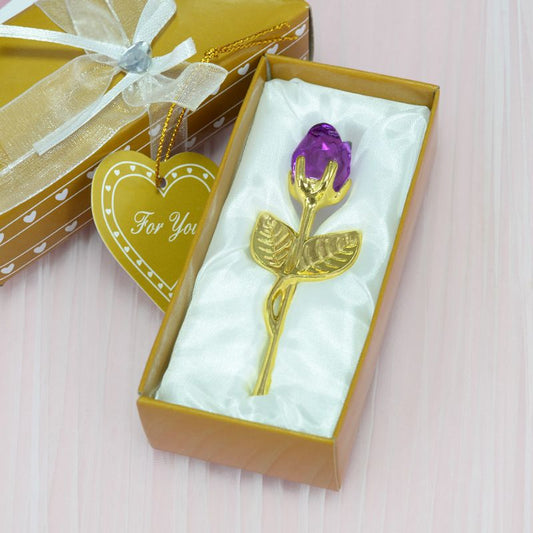 2 Set of Purple Crystal Rose Flower with Gold Gift Box and Gold Plated Stem Leaf â€“ Elegant Crystal & Metal Rose Ornament | Wedding Party Gift, Valentine's Day & Anniversary Keepsake