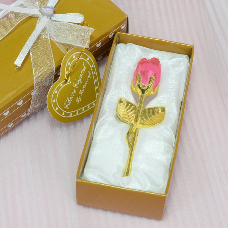 2 Set of Pink Crystal Rose Flower with Gold Gift Box and Gold Plated Stem Leaf â€“ Elegant Crystal & Metal Rose Ornament | Wedding Party Gift, Valentine's Day & Anniversary Keepsake
