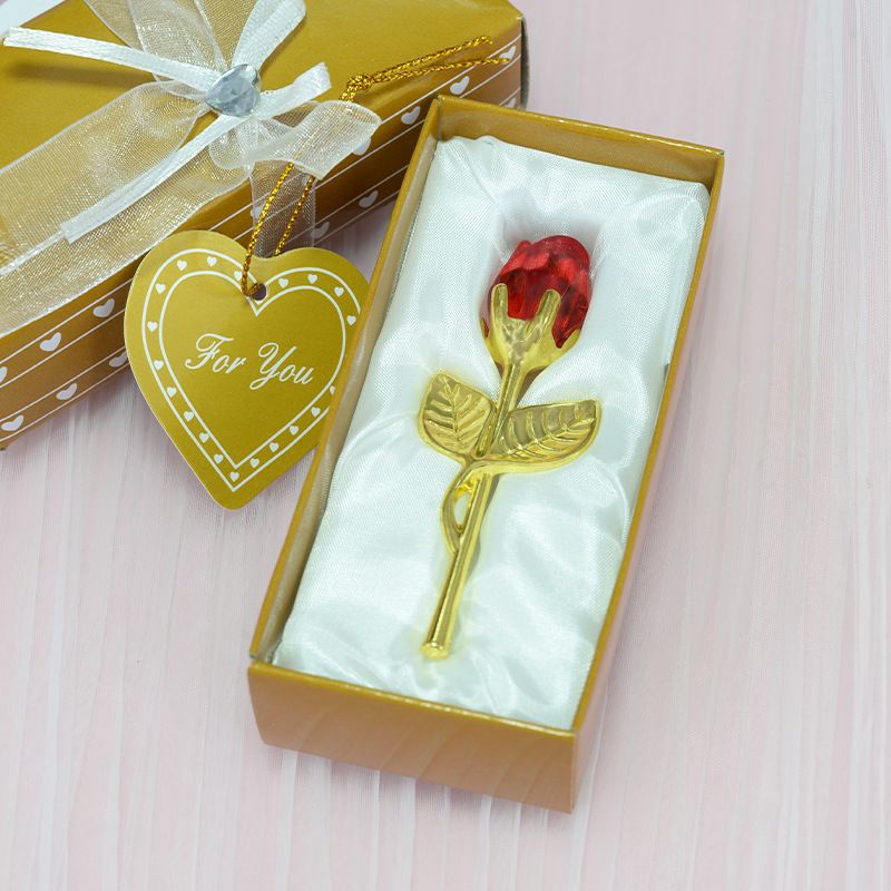 2 Set of Red Crystal Rose Flower with Gold Gift Box and Gold Plated Stem Leaf â€“ Elegant Crystal & Metal Rose Ornament | Wedding Party Gift, Valentine's Day & Anniversary Keepsake
