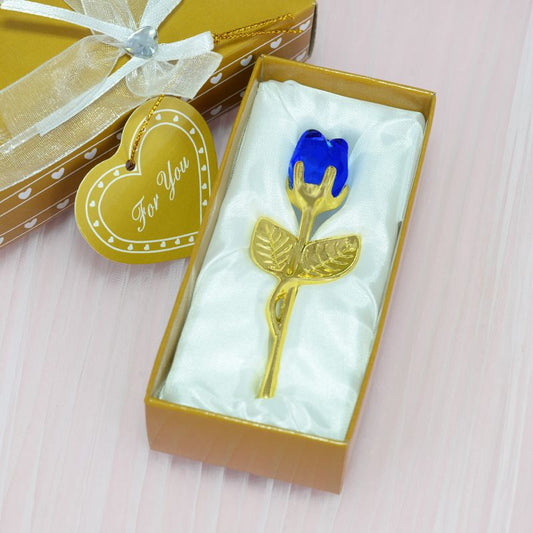 2 Set of Blue Crystal Rose Flower with Gold Gift Box and Gold Plated Stem Leaf â€“ Elegant Crystal & Metal Rose Ornament | Wedding Party Gift, Valentine's Day & Anniversary Keepsake