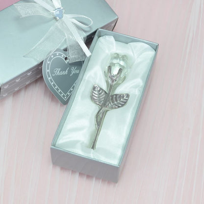2 Set of White Crystal Rose Flower with Silver Gift Box and Silver Plated Stem Leaf â€“ Elegant Crystal & Metal Rose Ornament | Wedding Party Gift, Valentine's Day & Anniversary Keepsake