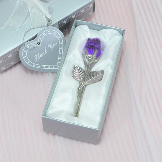 2 Set of Purple Crystal Rose Flower with Silver Gift Box and Silver Plated Stem Leaf â€“ Elegant Crystal & Metal Rose Ornament | Wedding Party Gift, Valentine's Day & Anniversary Keepsake