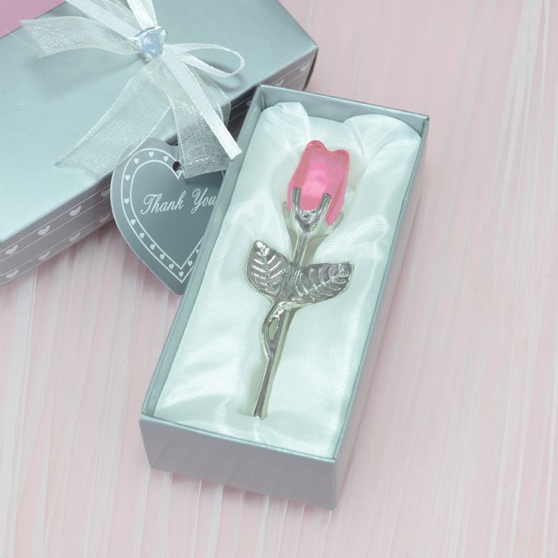 2 Set of Pink Crystal Rose Flower with Silver Gift Box and Silver Plated Stem Leaf â€“ Elegant Crystal & Metal Rose Ornament | Wedding Party Gift, Valentine's Day & Anniversary Keepsake