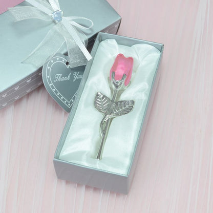 2 Set of Pink Crystal Rose Flower with Silver Gift Box and Silver Plated Stem Leaf â€“ Elegant Crystal & Metal Rose Ornament | Wedding Party Gift, Valentine's Day & Anniversary Keepsake