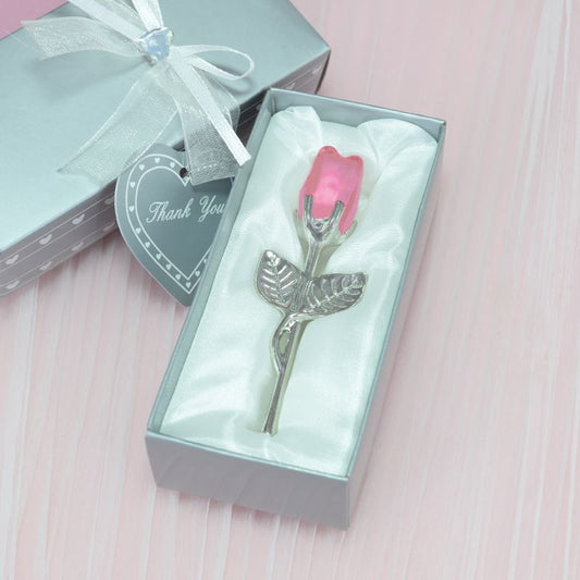 2 Set of Pink Crystal Rose Flower with Silver Gift Box and Silver Plated Stem Leaf â€“ Elegant Crystal & Metal Rose Ornament | Wedding Party Gift, Valentine's Day & Anniversary Keepsake