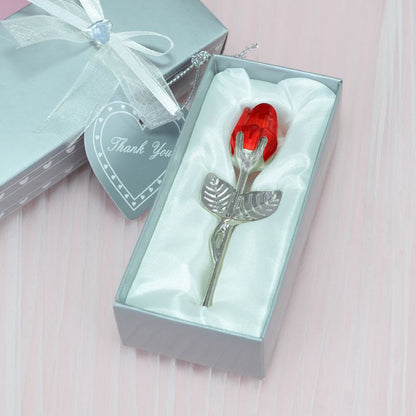 2 Set of Red Crystal Rose Flower with Silver Gift Box and Silver Plated Stem Leaf â€“ Elegant Crystal & Metal Rose Ornament | Wedding Party Gift, Valentine's Day & Anniversary Keepsake