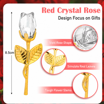 2 Set of Red Crystal Rose Flower with Silver Gift Box and Silver Plated Stem Leaf â€“ Elegant Crystal & Metal Rose Ornament | Wedding Party Gift, Valentine's Day & Anniversary Keepsake