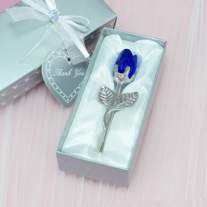 2 Set of Blue Crystal Rose Flower with Silver Gift Box and Silver Plated Stem Leaf â€“ Elegant Crystal & Metal Rose Ornament | Wedding Party Gift, Valentine's Day & Anniversary Keepsake