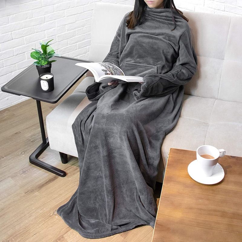 Winter Cozy Warm Loungewear Gift Set â€“ 150 x 180CM Dark Grey Flannel Fleece Wearable Blanket with Adjustable Sleeves Large Front Pocket and Back Velcro Closure, Free M Size Sherpa Fleece Cable Knit Anti-Slip Slipper Socks for Home Relaxation