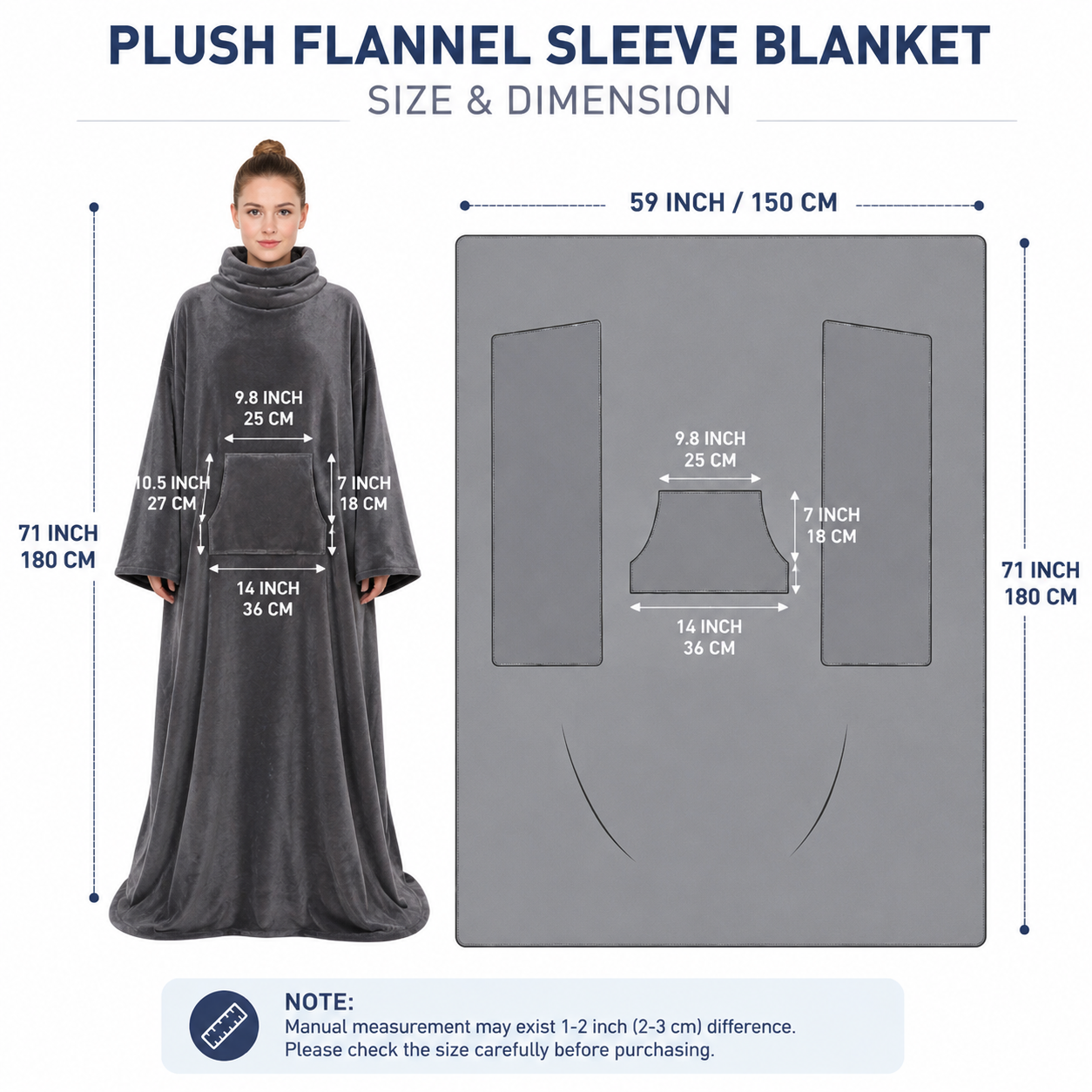 Winter Cozy Warm Loungewear Gift Set â€“ 150 x 180CM Dark Grey Flannel Fleece Wearable Blanket with Adjustable Sleeves Large Front Pocket and Back Velcro Closure, Free M Size Sherpa Fleece Cable Knit Anti-Slip Slipper Socks for Home Relaxation