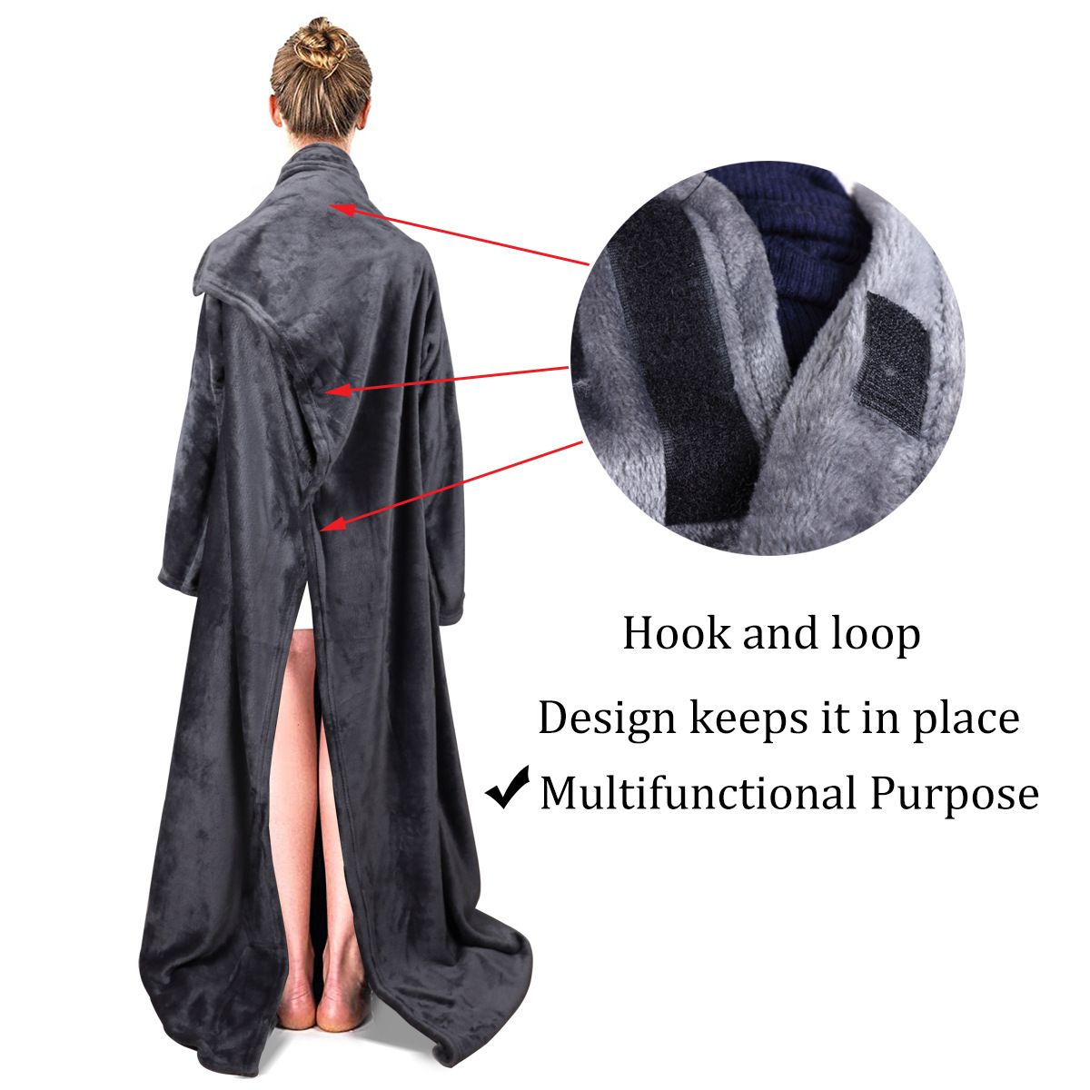 Winter Cozy Warm Loungewear Gift Set â€“ 150 x 180CM Dark Grey Flannel Fleece Wearable Blanket with Adjustable Sleeves Large Front Pocket and Back Velcro Closure, Free M Size Sherpa Fleece Cable Knit Anti-Slip Slipper Socks for Home Relaxation