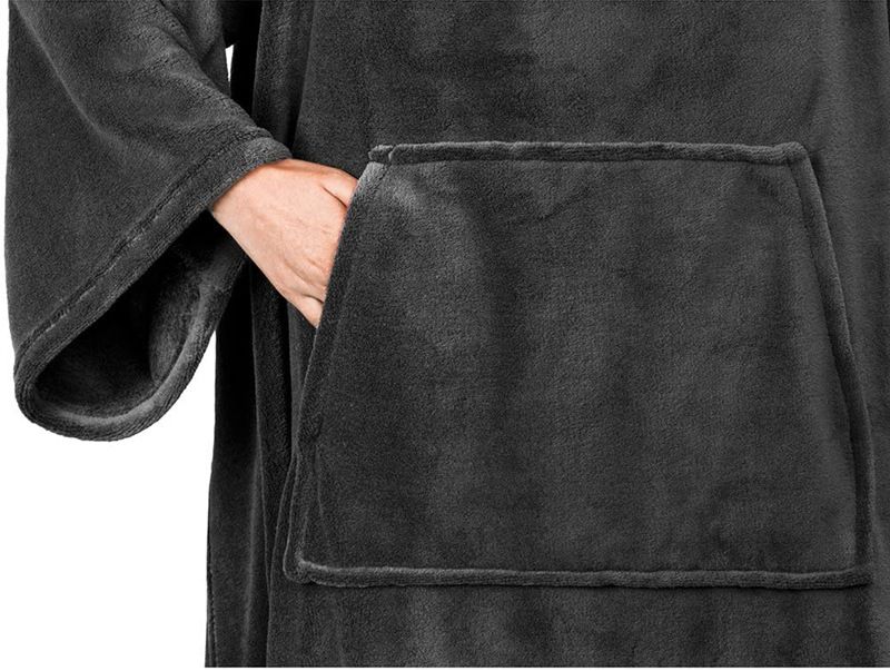 Winter Cozy Warm Loungewear Gift Set â€“ 150 x 180CM Dark Grey Flannel Fleece Wearable Blanket with Adjustable Sleeves Large Front Pocket and Back Velcro Closure, Free M Size Sherpa Fleece Cable Knit Anti-Slip Slipper Socks for Home Relaxation
