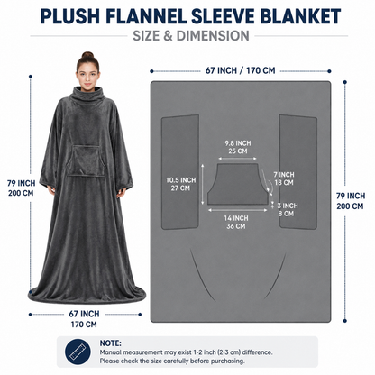 Winter Cozy Warm Loungewear Gift Set â€“ 170 Ã— 200CM Dark Grey Flannel Fleece Wearable Blanket with Adjustable Sleeves Large Front Pocket and Back Velcro Closure, Free M Size Sherpa Fleece Cable Knit Anti-Slip Slipper Socks for Home Relaxation