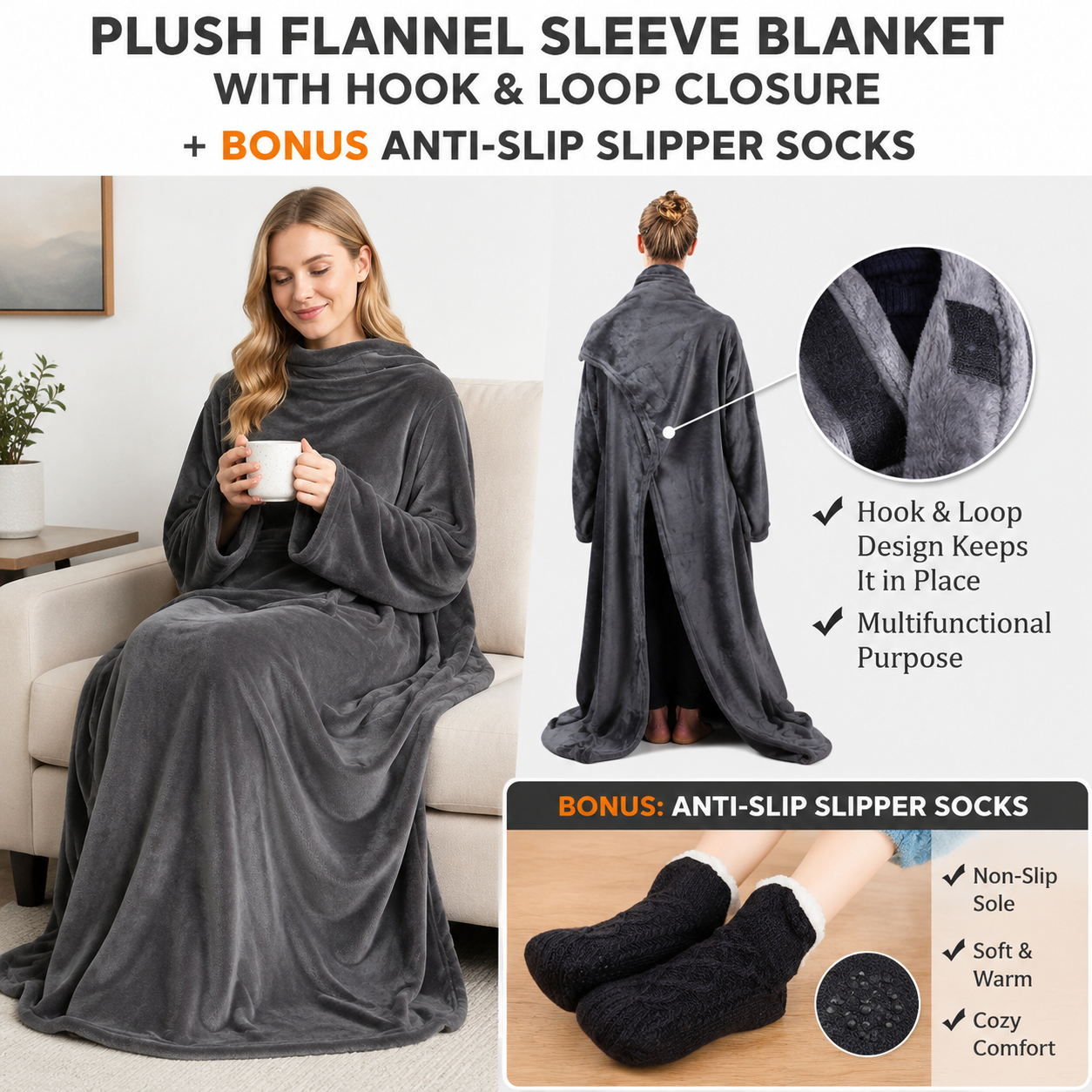 Winter Cozy Warm Loungewear Gift Set â€“ 170 Ã— 200CM Dark Grey Flannel Fleece Wearable Blanket with Adjustable Sleeves Large Front Pocket and Back Velcro Closure, Free L Size Sherpa Fleece Cable Knit Anti-Slip Slipper Socks for Home Relaxation