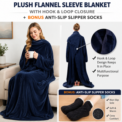 Winter Cozy Warm Loungewear Gift Set â€“ 150 x 180CM Navy Blue Flannel Fleece Wearable Blanket with Adjustable Sleeves Large Front Pocket and Back Velcro Closure, Free L Size Sherpa Fleece Cable Knit Anti-Slip Slipper Socks for Home Relaxation