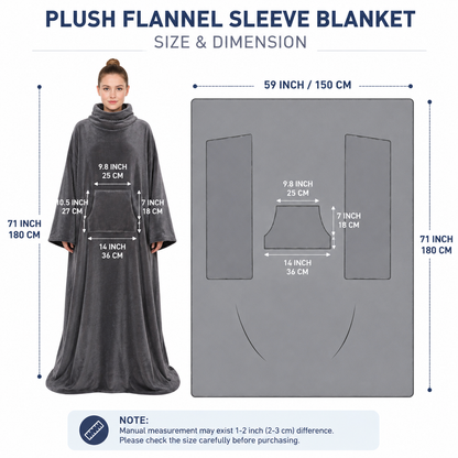 Winter Cozy Warm Loungewear Gift Set â€“ 150 x 180CM Navy Blue Flannel Fleece Wearable Blanket with Adjustable Sleeves Large Front Pocket and Back Velcro Closure, Free XL Size Sherpa Fleece Cable Knit Anti-Slip Slipper Socks for Home Relaxation
