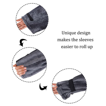 Winter Cozy Warm Loungewear Gift Set â€“ 150 x 180CM Navy Blue Flannel Fleece Wearable Blanket with Adjustable Sleeves Large Front Pocket and Back Velcro Closure, Free XL Size Sherpa Fleece Cable Knit Anti-Slip Slipper Socks for Home Relaxation