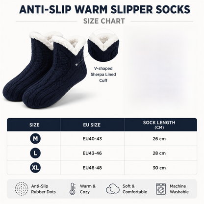 Winter Cozy Warm Loungewear Gift Set â€“ 150 x 180CM Navy Blue Flannel Fleece Wearable Blanket with Adjustable Sleeves Large Front Pocket and Back Velcro Closure, Free XL Size Sherpa Fleece Cable Knit Anti-Slip Slipper Socks for Home Relaxation