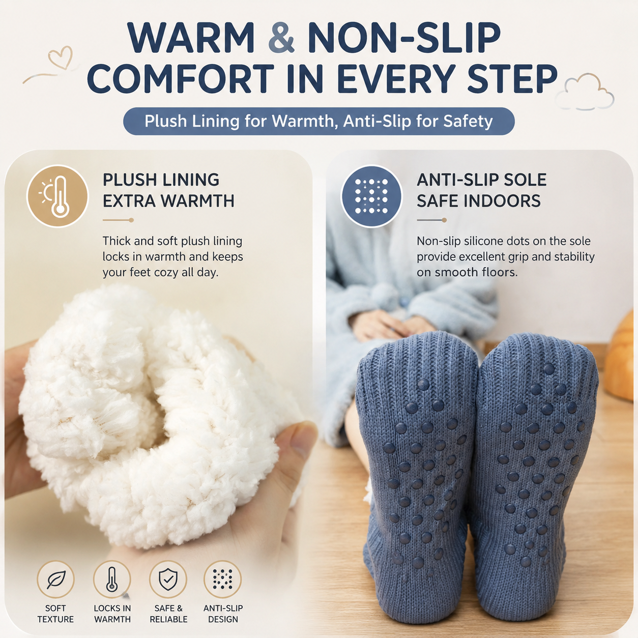 Winter Cozy Warm Loungewear Gift Set â€“ 170 Ã— 200CM Navy Blue Flannel Fleece Wearable Blanket with Adjustable Sleeves Large Front Pocket and Back Velcro Closure, Free M Size Sherpa Fleece Cable Knit Anti-Slip Slipper Socks for Home Relaxation