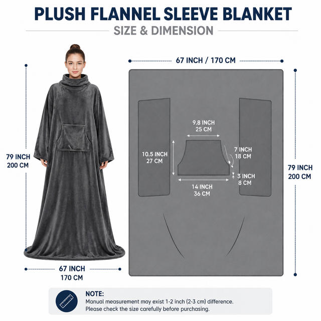 Winter Cozy Warm Loungewear Gift Set â€“ 170 Ã— 200CM Navy Blue Flannel Fleece Wearable Blanket with Adjustable Sleeves Large Front Pocket and Back Velcro Closure, Free L Size Sherpa Fleece Cable Knit Anti-Slip Slipper Socks for Home Relaxation