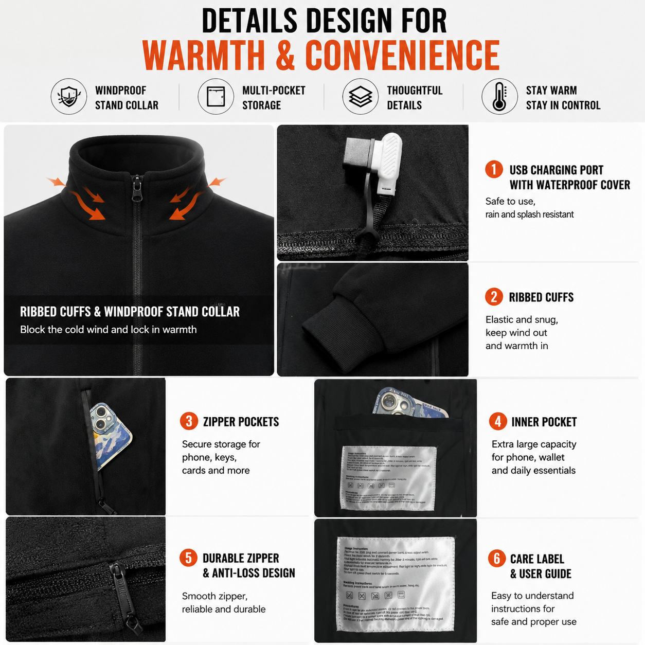 XL Size Winter USB Heated Windproof Soft Fleece Warm Jacket for Men and Women â€“ 8 Zones Graphene & Carbon Fiber Fast Heating Coat with Front & Back Dual-Control Button and 3 Level Heating, Washable Design, Muti Pockets, Ribbed Cuff & Stand Collar