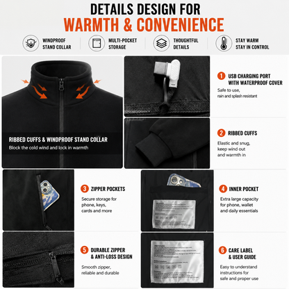 XL Size Winter USB Heated Windproof Soft Fleece Warm Jacket for Men and Women â€“ 8 Zones Graphene & Carbon Fiber Fast Heating Coat with Front & Back Dual-Control Button and 3 Level Heating, Washable Design, Muti Pockets, Ribbed Cuff & Stand Collar