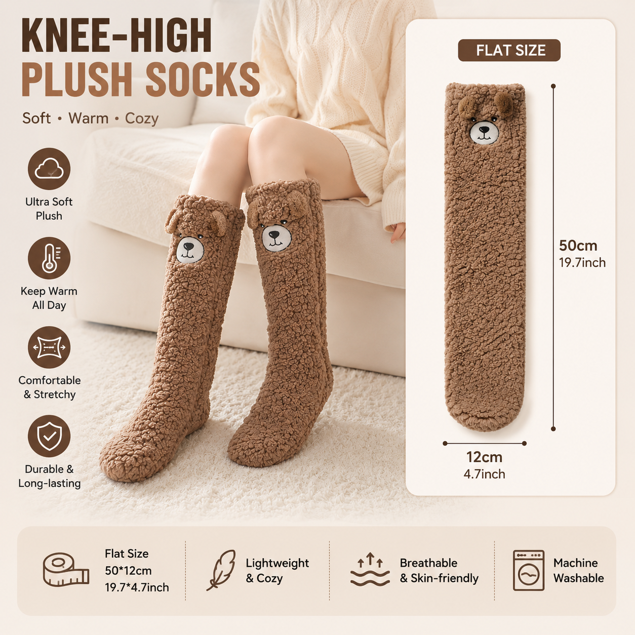 Coffee Winter Womenâ€™s Cute Bear Plush Knee High Slipper Socks â€“ Warm Fleece Floor Socks and Sleeping Socks with Non-Slip Grips, One Size for EU 35-40