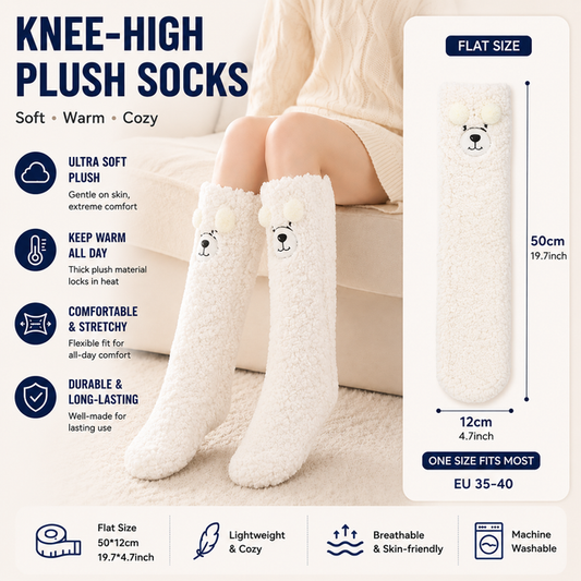 White Winter Womenâ€™s Cute Bear Plush Knee High Slipper Socks â€“ Warm Fleece Floor Socks and Sleeping Socks with Non-Slip Grips, One Size for EU 35-40