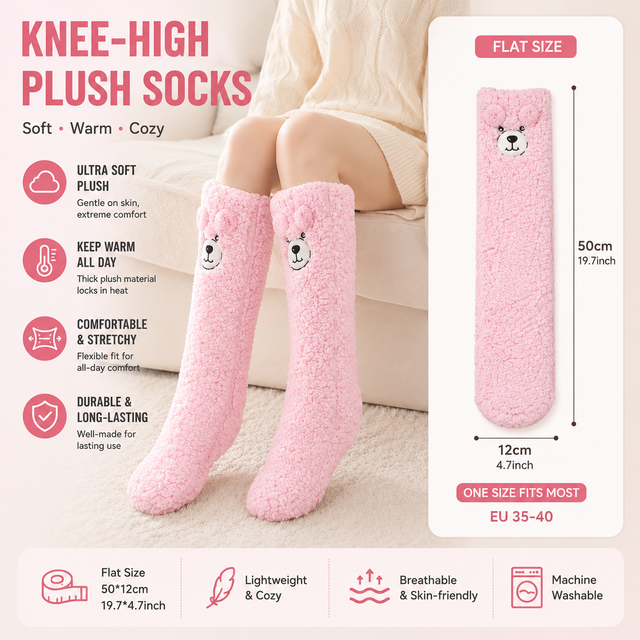Pink Winter Womenâ€™s Cute Bear Plush Knee High Slipper Socks â€“ Warm Fleece Floor Socks and Sleeping Socks with Non-Slip Grips, One Size for EU 35-40
