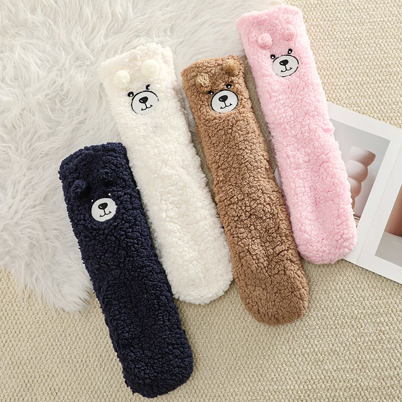 Pink Winter Womenâ€™s Cute Bear Plush Knee High Slipper Socks â€“ Warm Fleece Floor Socks and Sleeping Socks with Non-Slip Grips, One Size for EU 35-40