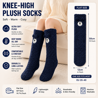 Navy Blue Winter Womenâ€™s Cute Bear Plush Knee High Slipper Socks â€“ Warm Fleece Floor Socks and Sleeping Socks with Non-Slip Grips, One Size for EU 35-40