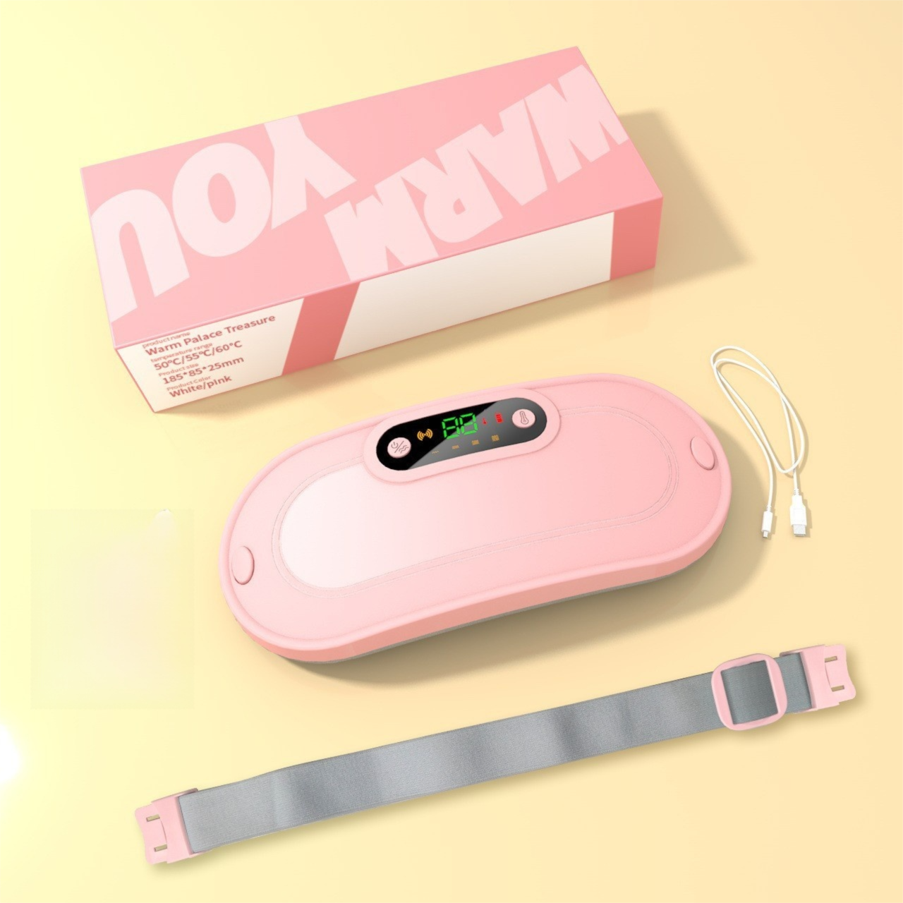 Pink Portable USB Rechargeable Graphene Heating Waist Belt with Gift Box - 4 Modes Vibrating Abdominal Massager & 3 Levels Large Area Heating Therapy Pad for Women