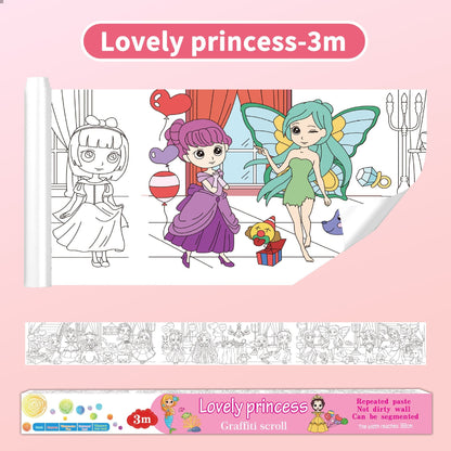 3M Extra Long Reusable Coloring Paper Roll, Lovely Princess Theme Self-Adhesive Wall Coloring Poster and DIY Cuttable Drawing Craft Paper Scroll with Gift Box