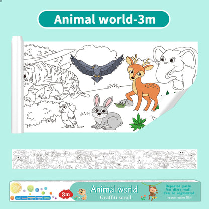 3M Extra Long Reusable Coloring Paper Roll, Animal World Theme Self-Adhesive Wall Coloring Poster and DIY Cuttable Drawing Craft Paper Scroll with Gift Box