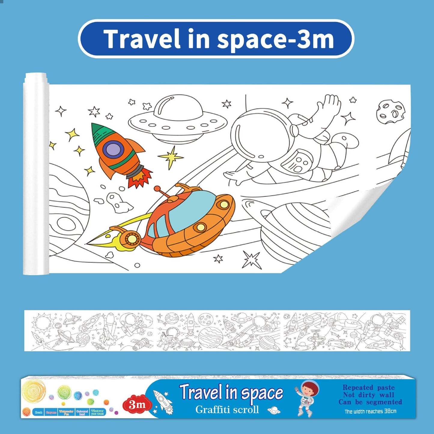 3M Extra Long Reusable Coloring Paper Roll, Space Adventure Theme Self-Adhesive Wall Coloring Poster and DIY Cuttable Drawing Craft Paper Scroll with Gift Box