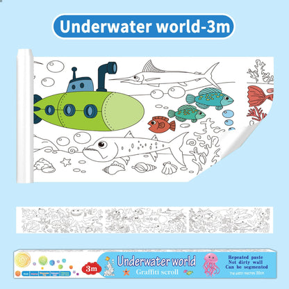 3M Extra Long Reusable Coloring Paper Roll, Ocean World Theme Self-Adhesive Wall Coloring Poster and DIY Cuttable Drawing Craft Paper Scroll with Gift Box