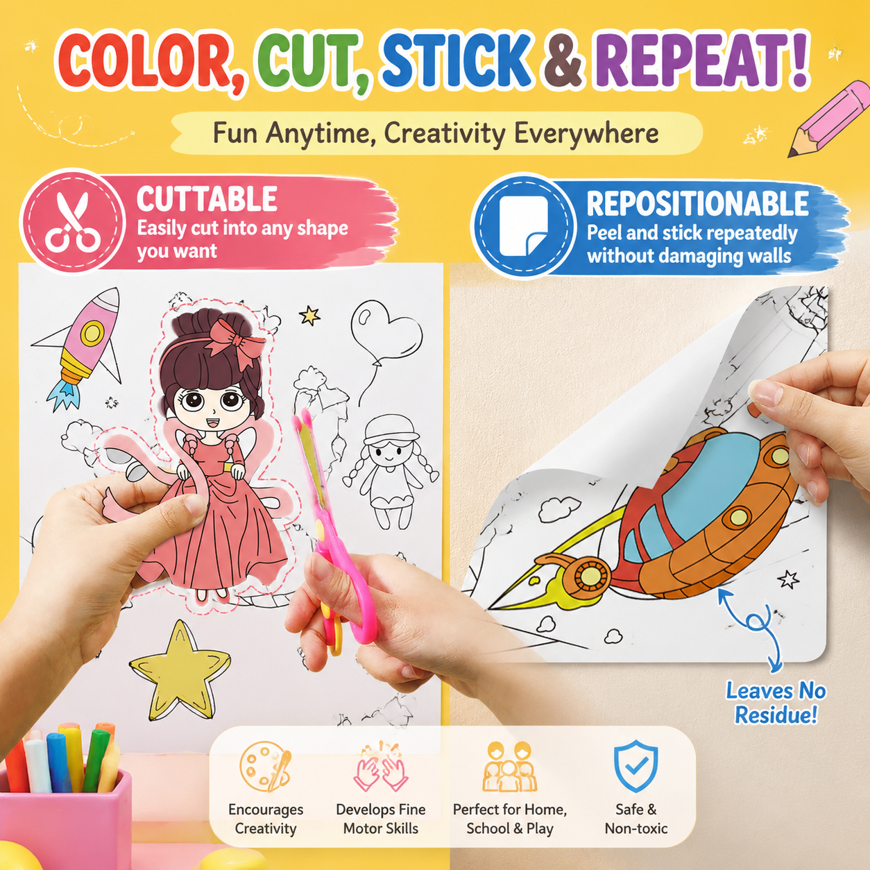 3M Extra Long Reusable Coloring Paper Roll, Ocean World Theme Self-Adhesive Wall Coloring Poster and DIY Cuttable Drawing Craft Paper Scroll with Gift Box