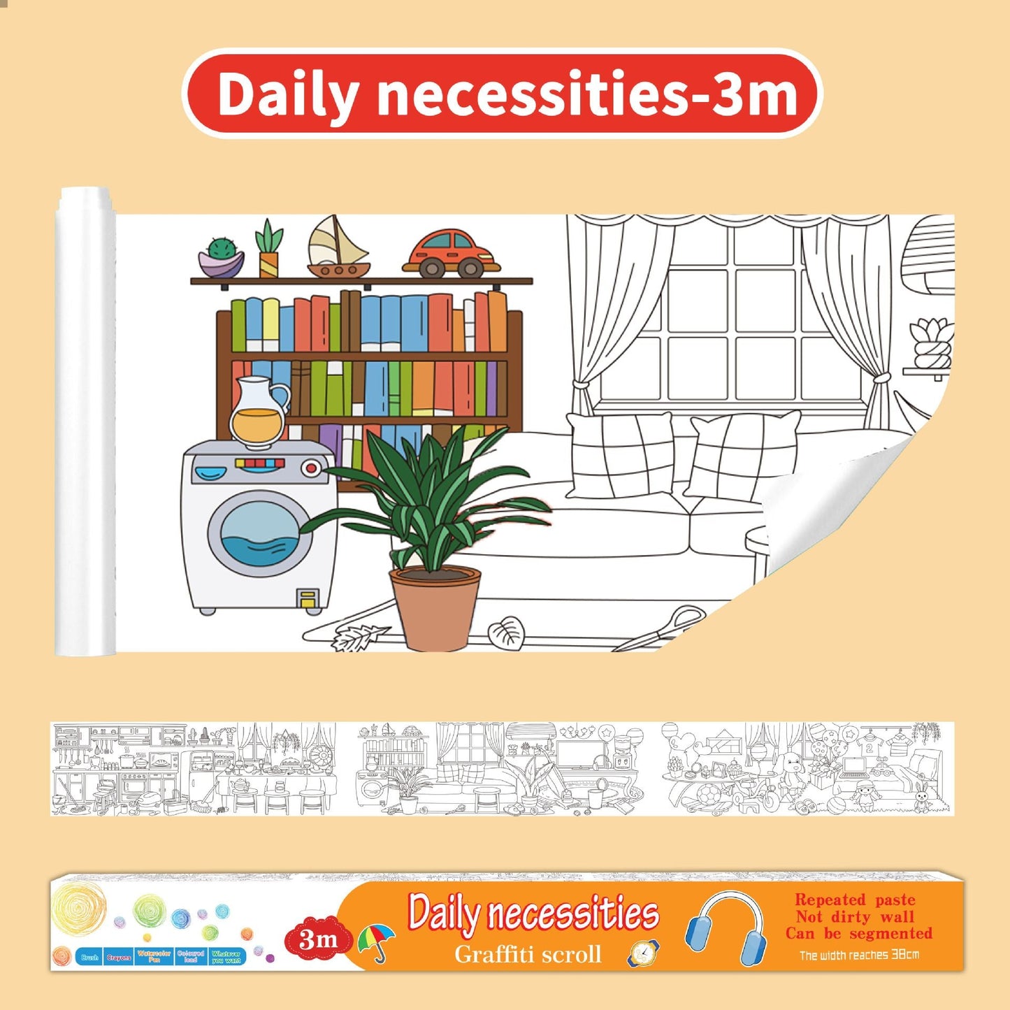 3M Extra Long Reusable Coloring Paper Roll, Daily Life Theme Self-Adhesive Wall Coloring Poster and DIY Cuttable Drawing Craft Paper Scroll with Gift Box