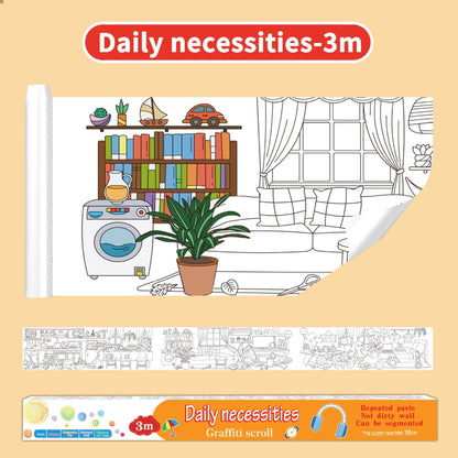 3M Extra Long Reusable Coloring Paper Roll, Daily Life Theme Self-Adhesive Wall Coloring Poster and DIY Cuttable Drawing Craft Paper Scroll with Gift Box