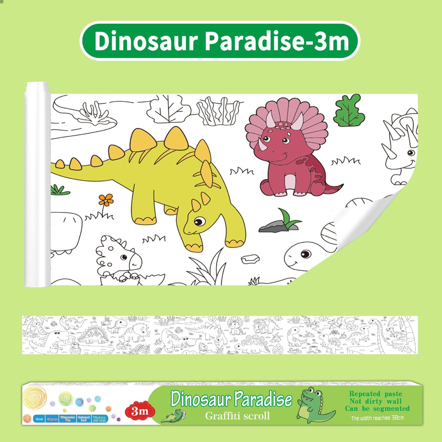 3M Extra Long Reusable Coloring Paper Roll, Dinosaur Park Theme Self-Adhesive Wall Coloring Poster and DIY Cuttable Drawing Craft Paper Scroll with Gift Box