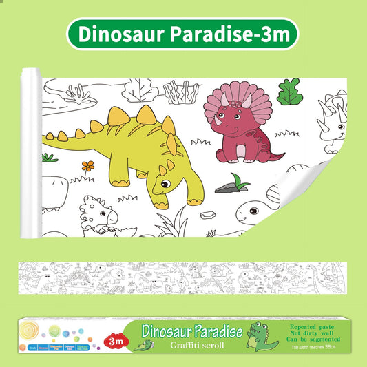 3M Extra Long Reusable Coloring Paper Roll, Dinosaur Park Theme Self-Adhesive Wall Coloring Poster and DIY Cuttable Drawing Craft Paper Scroll with Gift Box