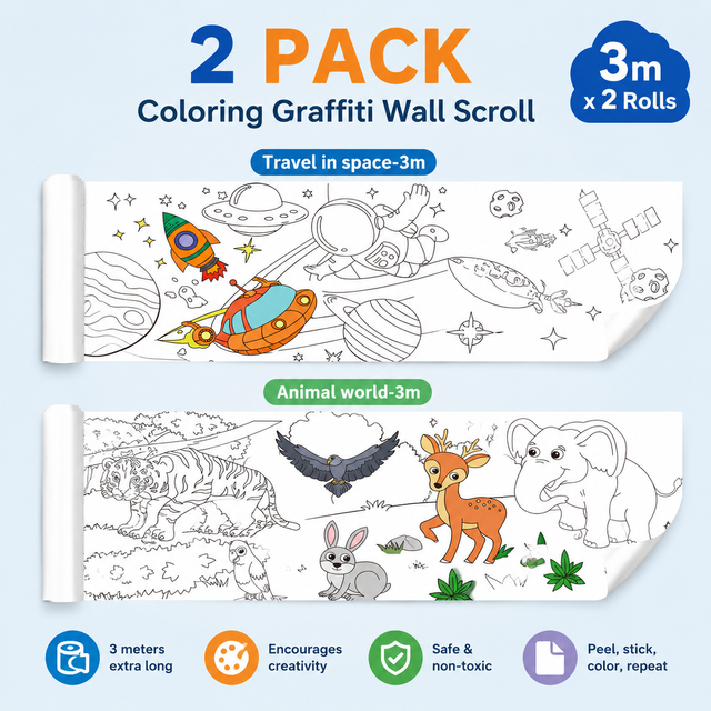 3M Extra Long Reusable Coloring Paper Roll 2 Pack, Space Adventure and Animal World Theme Self-Adhesive Wall Coloring Poster and DIY Cuttable Drawing Craft Paper Scroll with Gift Box