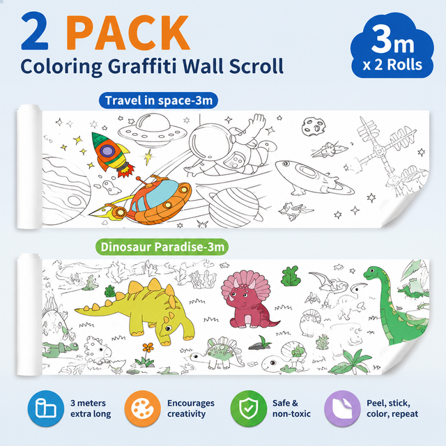 3M Extra Long Reusable Coloring Paper Roll 2 Pack, Space Adventure + Dinosaur Park Theme Self-Adhesive Wall Coloring Poster and DIY Cuttable Drawing Craft Paper Scroll with Gift Box