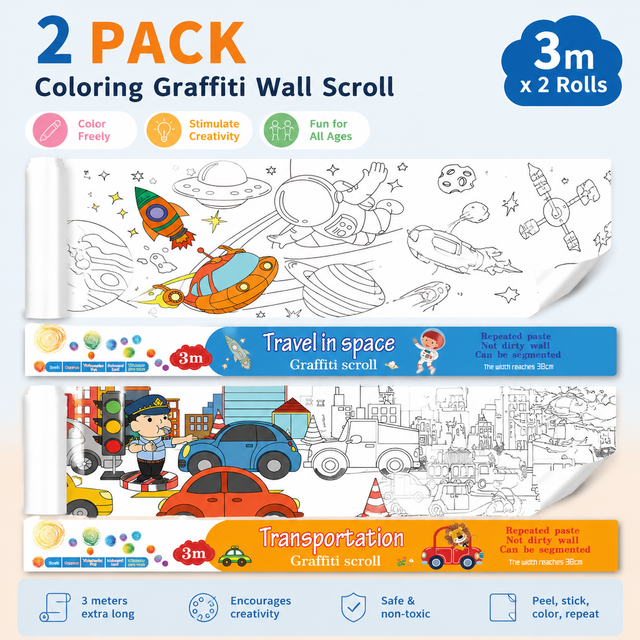 3M Extra Long Reusable Coloring Paper Roll 2 Pack, Space Adventure + Transportation Theme Self-Adhesive Wall Coloring Poster and DIY Cuttable Drawing Craft Paper Scroll with Gift Box